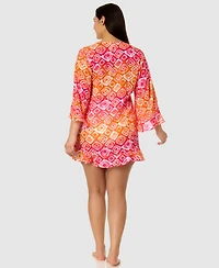 Anne Cole Plus Size Printed Flounce Tunic Swim Cover-Up