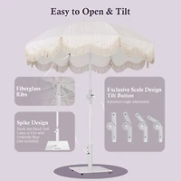 LAGarden 6Ft Fringe Patio Umbrella with Push Button Tilt Carry Bag UV30+ Outdoor Beach Yard Pool Party Deck Purple Stripe