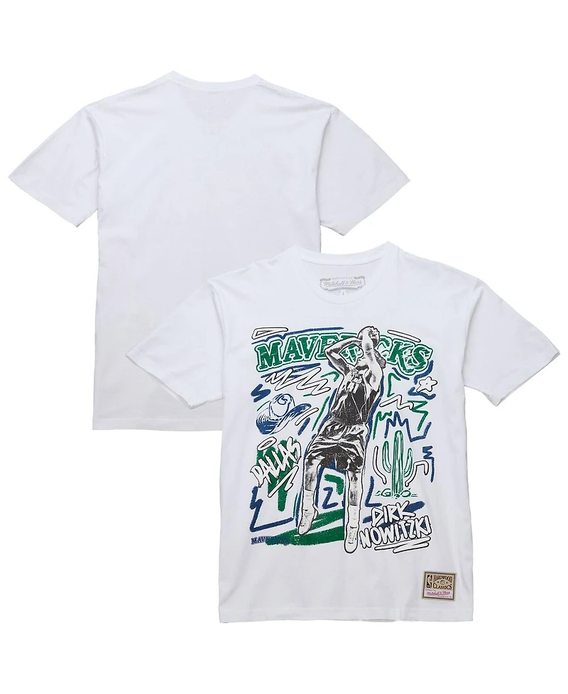 Mitchell & Ness Men's Dirk Nowitzki White Dallas Mavericks Hardwood Classics Chalked Up T-Shirt
