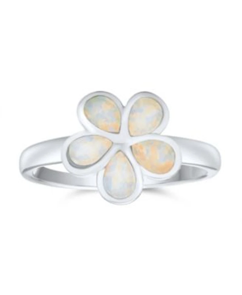 Bling Jewelry White Created Opal Hawaiian Plumeria Flower Ring .925 Sterling Silver