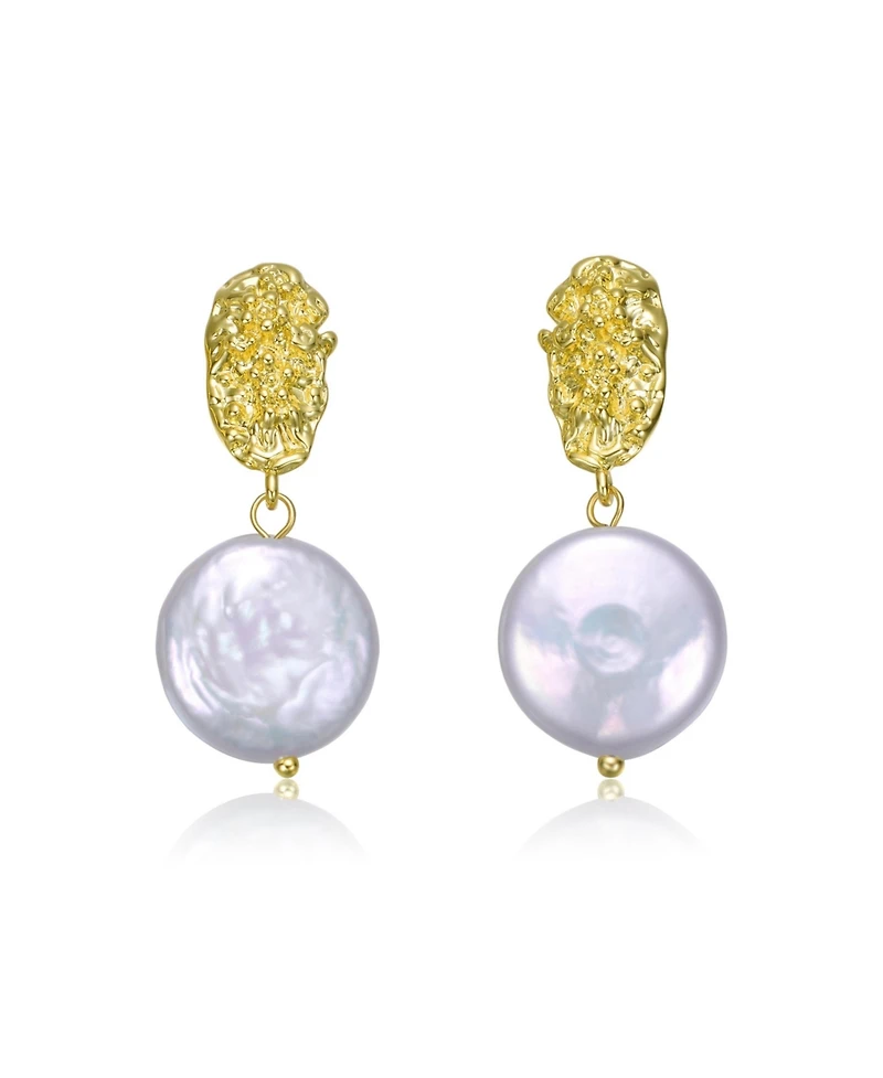 Sterling Silver 14K Gold Plated with Coin Shapped Freshwater Pearl Dangle Earrings