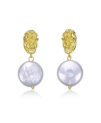 Sterling Silver 14K Gold Plated with Coin Shapped Freshwater Pearl Dangle Earrings