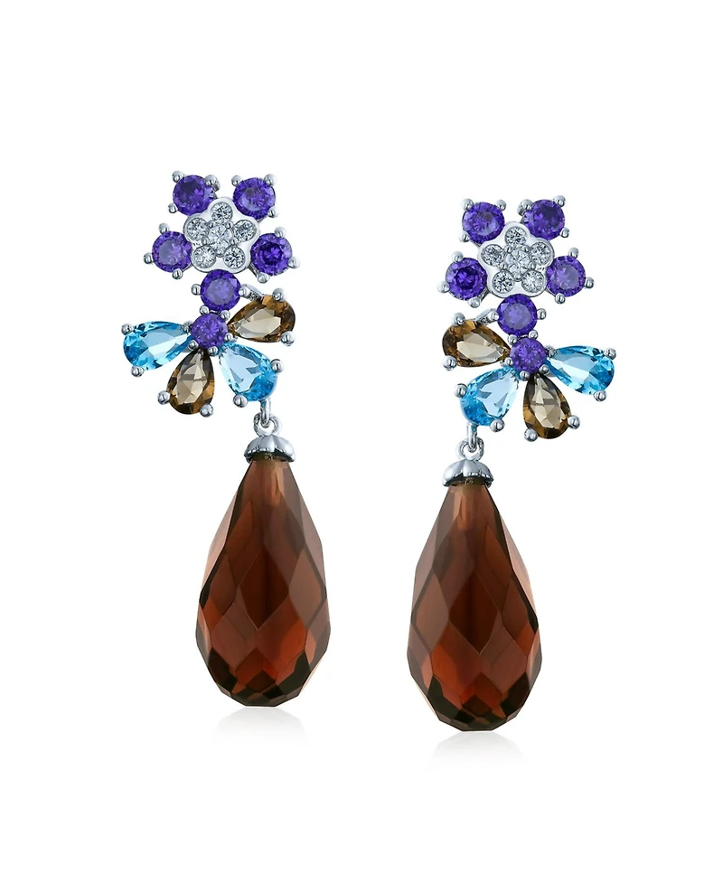 Bling Jewelry Purple Burgundy Cz Cubic Zirconia Fashion Flower Statement Dangle Teardrop Earrings Silver Plated