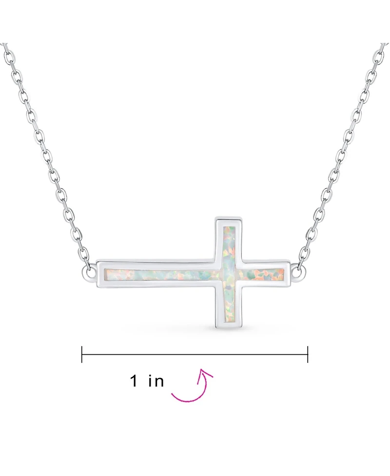 Bling Jewelry Minimalist Simple Created White Opal Inlay Horizontal Sideways Cross Necklace Station Pendant .925 Sterling Silver