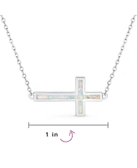 Bling Jewelry Minimalist Simple Created White Opal Inlay Horizontal Sideways Cross Necklace Station Pendant .925 Sterling Silver