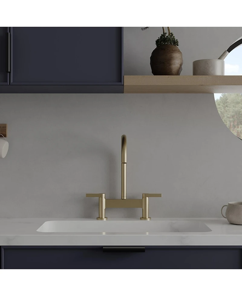 Modern Double Handle 2 Holes Deck Mount Bridge Kitchen Faucet With 360 Swivel Spout Sink Brushed Nickel