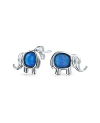 Bling Jewelry Lucky Dainty Created White Blue Opal Zoo Animal Lover Good Luck Elephant Dangle Stud Earrings .925 Sterling Silver Lever Back