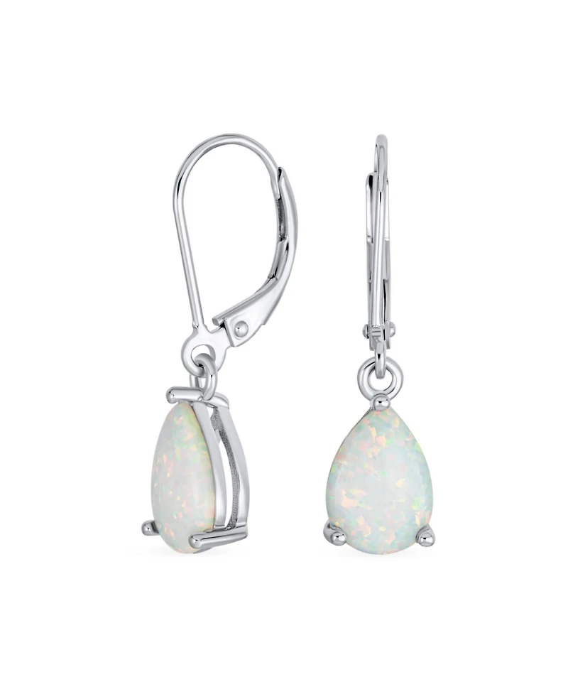 Bling Jewelry Simple White Orange Opal Created Solitaire 7MM Pear Shaped Teardrop Dangle Lever Back Earrings Yellow Gold Plated .925 Sterling Sil