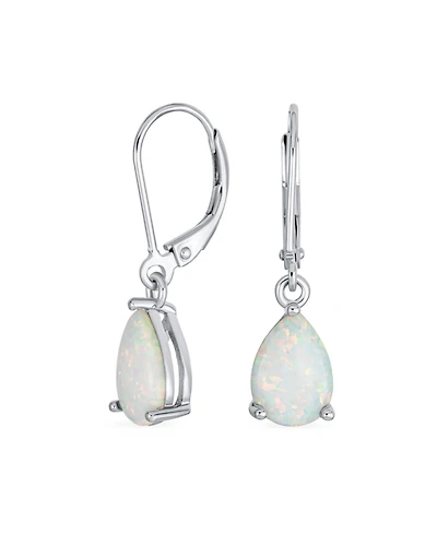 Bling Jewelry Simple White Orange Opal Created Solitaire 7MM Pear Shaped Teardrop Dangle Lever Back Earrings Yellow Gold Plated .925 Sterling Sil