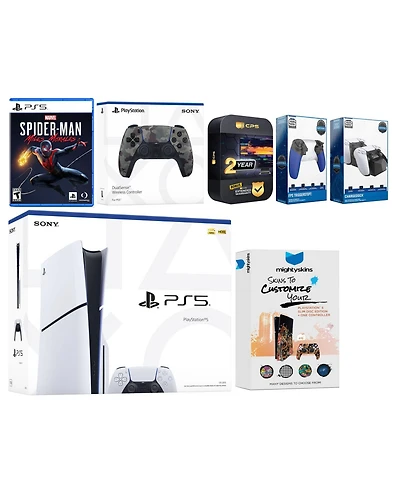 Sony Playstation 5 Slim Disc with Spider-Man: Miles Morales, Extra Galactic Purple Controller, Trigger Stop Kit, Charge Dock and MightySkins Decal Vou