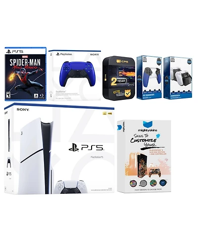 Sony Playstation 5 Slim Disc with Spider-Man: Miles Morales, Extra Galactic Purple Controller, Trigger Stop Kit, Charge Dock and MightySkins Decal Vou