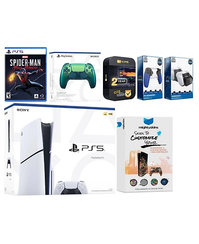 Sony Playstation 5 Slim Disc with Spider-Man: Miles Morales, Extra Galactic Purple Controller, Trigger Stop Kit, Charge Dock and MightySkins Decal Vou