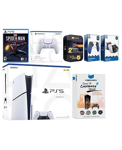Sony Playstation 5 Slim Disc with Spider-Man: Miles Morales, Extra Galactic Purple Controller, Trigger Stop Kit, Charge Dock and MightySkins Decal Vou