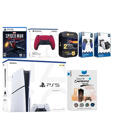 Sony Playstation 5 Slim Disc with Spider-Man: Miles Morales, Extra Galactic Purple Controller, Trigger Stop Kit, Charge Dock and MightySkins Decal Vou