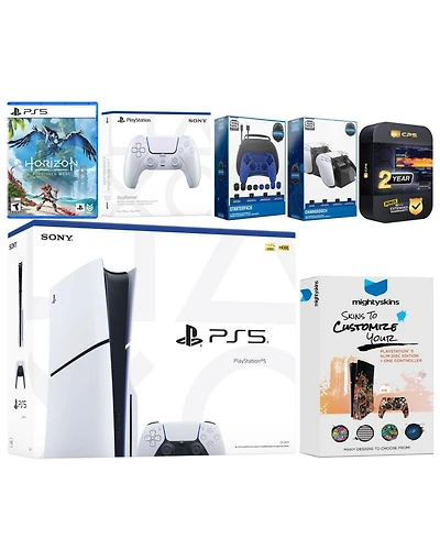 Sony Playstation 5 Slim Disc with Horizon Forbidden West, Extra Galactic Purple Controller, Gamer Kit, Charge Dock and MightySkins Decal Voucher + 2 Y