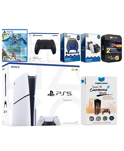 Sony Playstation 5 Slim Disc with Horizon Forbidden West, Extra Galactic Purple Controller, Gamer Kit, Charge Dock and MightySkins Decal Voucher + 2 Y