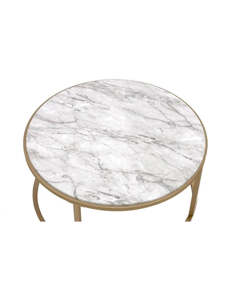 Set of Two 36" Clear White And Gold Glass Faux Marble And Iron Round Nested Coffee Tables