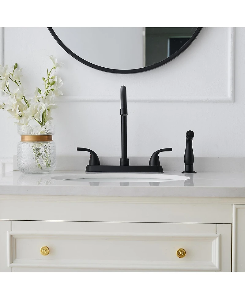 Two-Handle 4 Holes Standard Kitchen Sink Faucet With Side Sprayer In Brushed Nickel