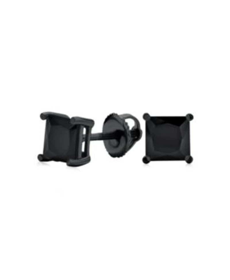 Bling Jewelry Black Square Solitaire Cz Stud Earrings Secure Screw Back Black Plated .925 Sterling Silver