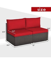 2PCS Patio Rattan Armless Sofa Sectional Conversation Furniture Set W/Cushion