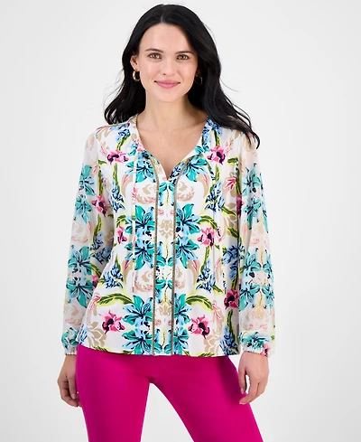 Jm Collection Petite Bali Escape Printed Blouson-Sleeve Blouse, Exclusively at Macy's