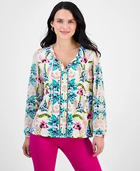 Jm Collection Petite Bali Escape Printed Blouson-Sleeve Blouse, Exclusively at Macy's
