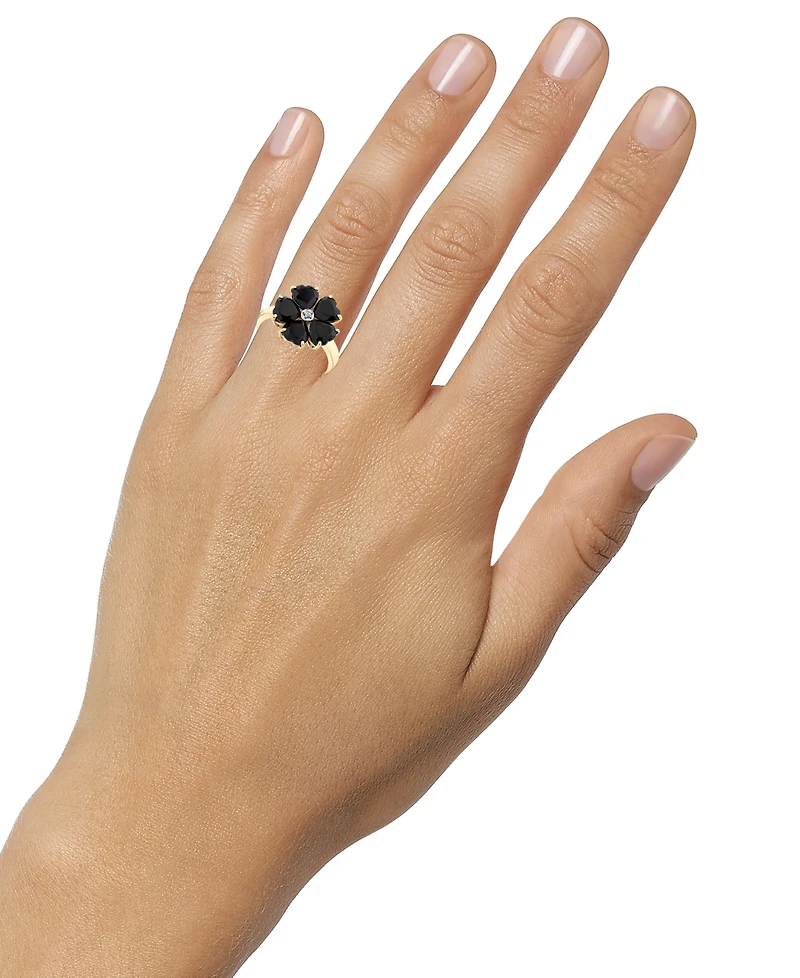 Heart Onyx (6mm) & Diamond Accent Flower Statement Ring in 10k Yellow Gold