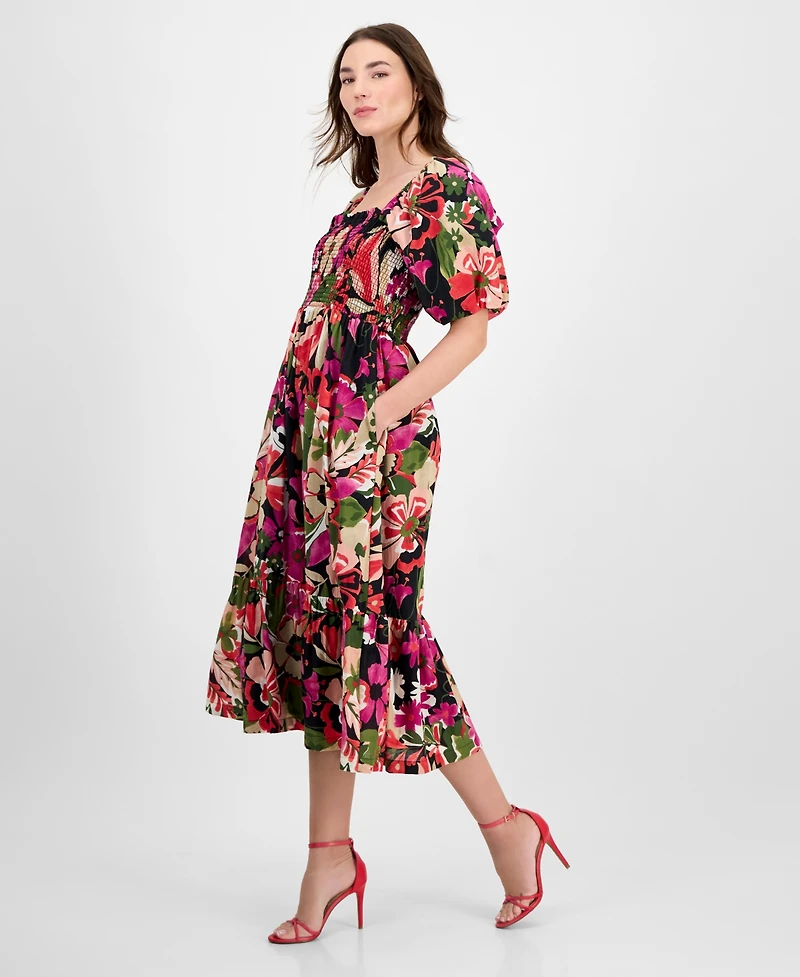 Anne Klein Women's Smocked Puff-Sleeve Floral Midi Dress