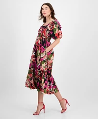 Anne Klein Women's Smocked Puff-Sleeve Floral Midi Dress