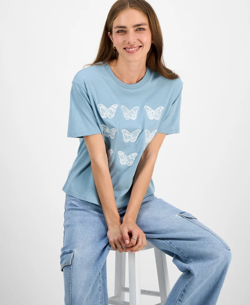 Rebellious One Juniors' Lace Applique Butterfly T-Shirt