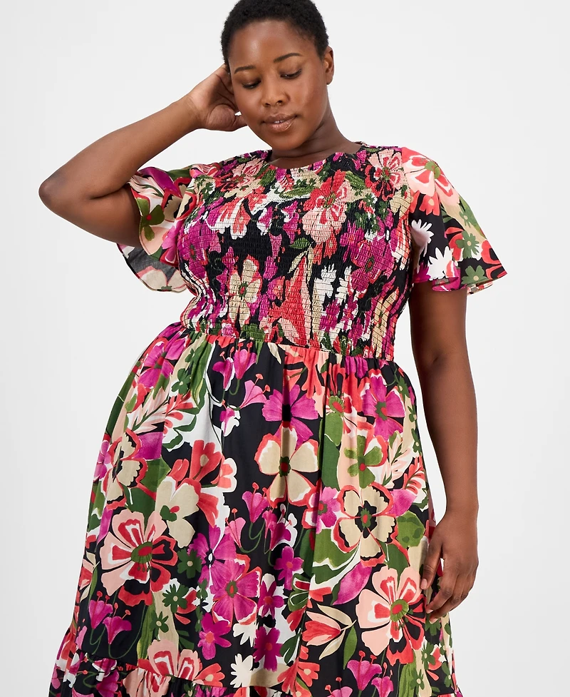 Anne Klein Plus Smocked Floral Midi Dress