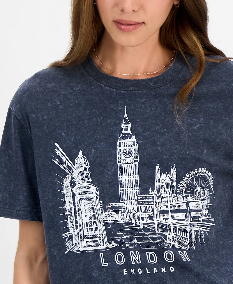 Rebellious One Juniors' London Mineral Wash Graphic T-Shirt
