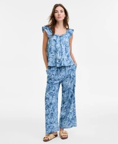 Nautica Womens Palm Print Ruffle Shoulder Chambray Top Pants