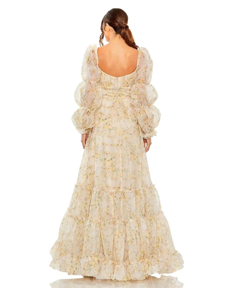 Mac Duggal Women's Sweetheart Balloon Sleeve Chiffon Tiered Gown