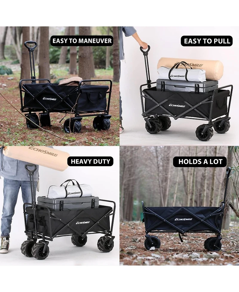 EchoSmile Heavy Duty 350 Lbs Capacity Collapsible Wagon, Outdoor Folding Camping Wagons, Grocery Portable Utility Cart, Adjustable Rolling Carts, All