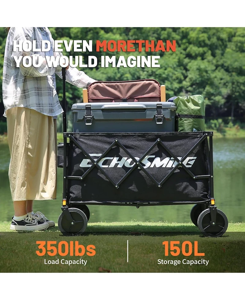 EchoSmile Heavy Duty 350 Lbs Capacity Collapsible Wagon, Outdoor Folding Camping Wagons, Grocery Portable Utility Cart, Adjustable Rolling Carts, All