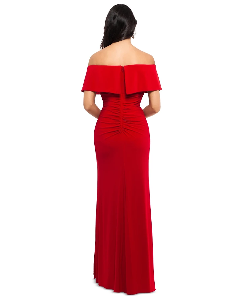X by Xscape Petite Ruffled Off-The-Shoulder Gown