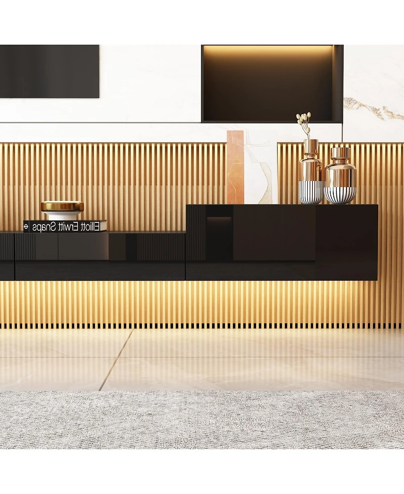 Black wall-mounted Tv stand, entertainment center with five drawers, media console with light strip