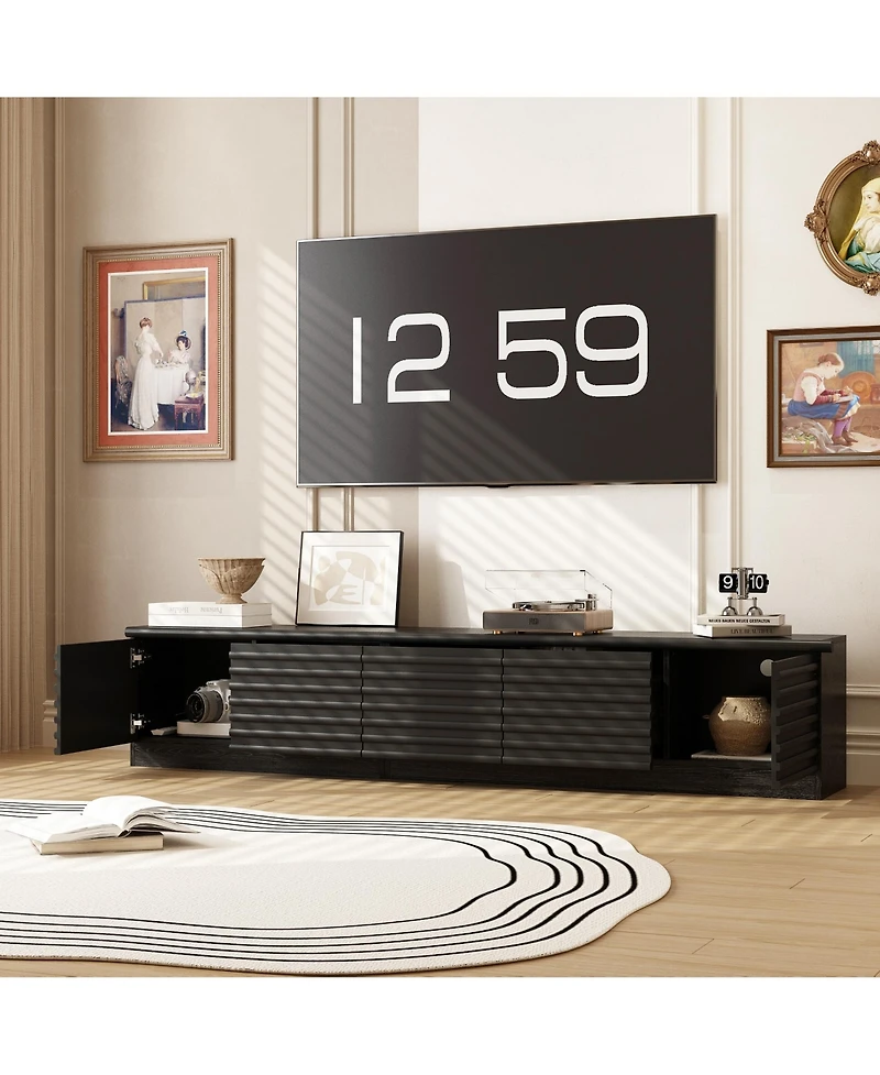 Tv stand with two doors and three drawers, multi-purpose media console, black wood entertainment center