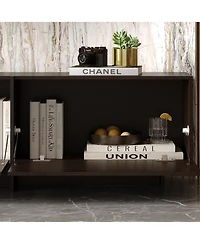 Flip-down 3-door Tv stand, black wood media console, multi-purpose entertainment center