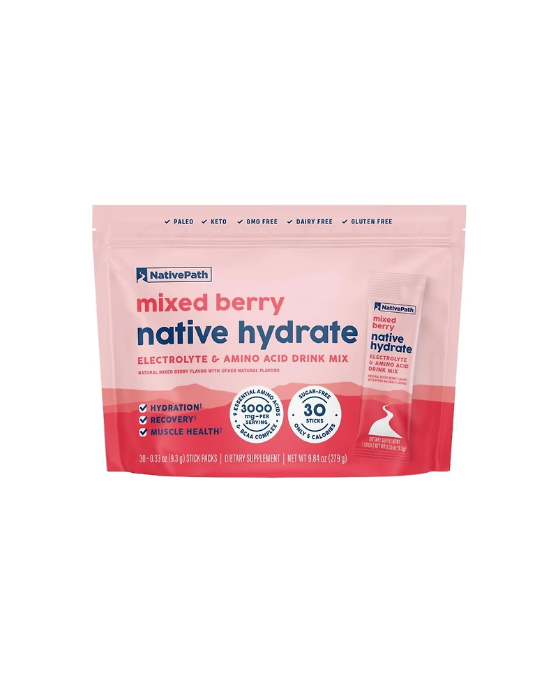 NativePath Native Hydrate Stick Packs, Sugar Free Electrolytes Powder with BCAAs, Mixed Berry Hydration, Keto & Paleo Friendly, 30 Servings