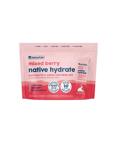 NativePath Native Hydrate Stick Packs, Sugar Free Electrolytes Powder with BCAAs, Mixed Berry Hydration, Keto & Paleo Friendly, 30 Servings