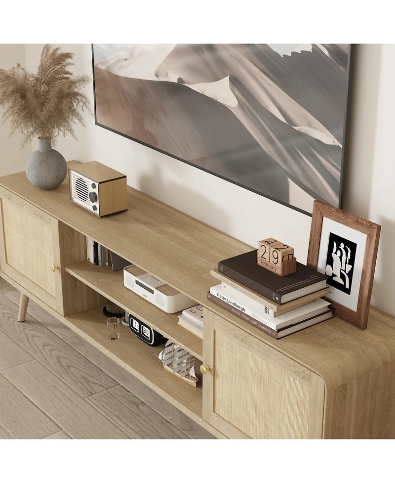 Tv stand with rattan door panels, media console with two doors and two compartments, entertainment center with legs