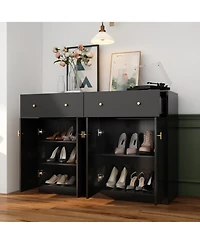 Shoe cabinet in black wood, shoe rack with 2 drawers and four doors and metal handles