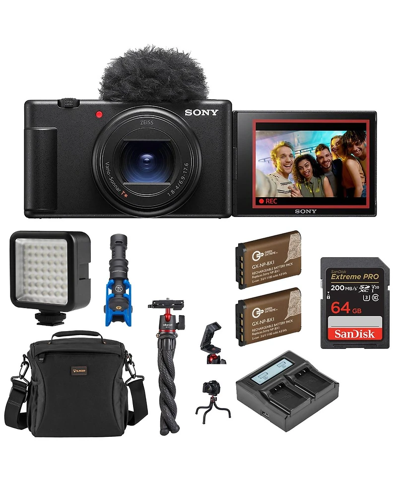 Sony Sony Zv-1 Ii Vlog Camera for Content Creators and Vloggers, Bundle 2x Extra Battery, Dual Charger, 64GB Sd Card, Camera Bag, Octopus Tripod, Shot