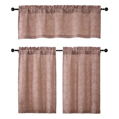 Kate Aurora 3 Piece Rod Pocket Orly Jacquard Floral Kitchen Curtain Tier & Valance Set