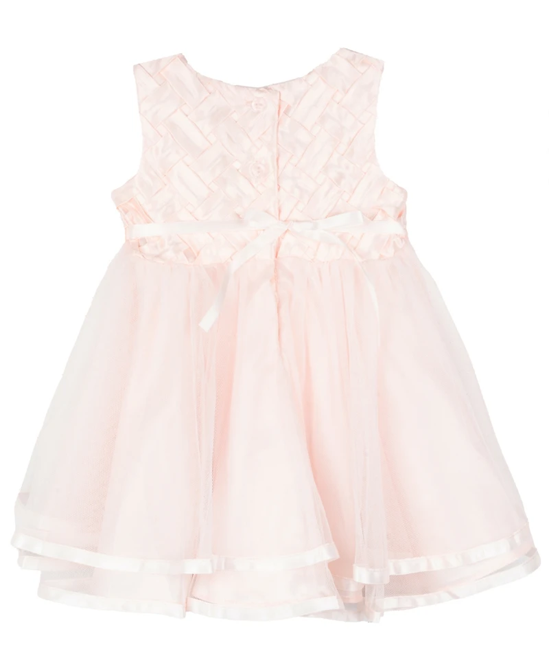 Baby Girls Basket Weave Social Dress with Two Tiered Ribbon Skirt