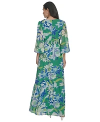 Jessica Howard Women's Printed Puff-Sleeve V-Neck Maxi Dress