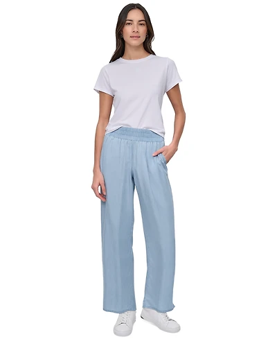Dkny Jeans Petite Chambray Smocked-Waist Wide-Leg Pants