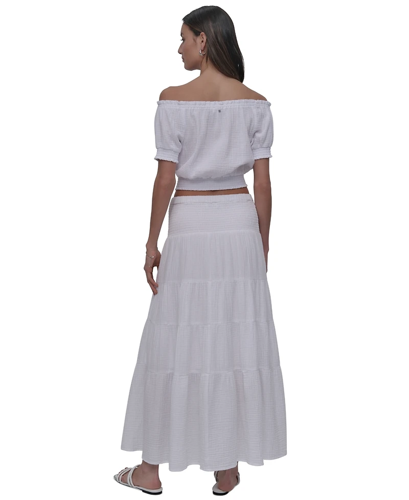 Dkny Jeans Petite Cotton Smocked-Waist Tiered Maxi Skirt